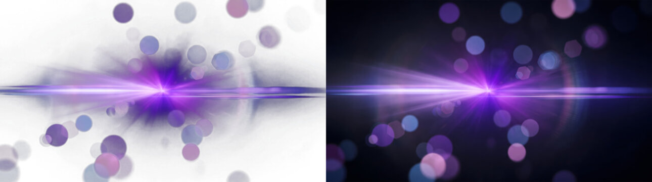 Abstract purple neon lens flare with radiant glow, cinematic light burst with long rays, realistic optical flare effect, floating bokeh circles, soft gradient lighting, horizontal streak flare, futuri
