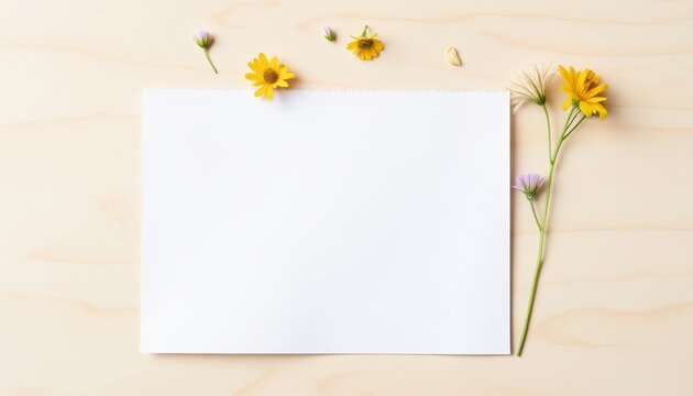Blank love letter surrounded by wildflowers on wooden background  