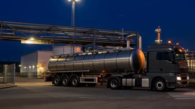 Truck with tank ride out from a huge oil plant at night time. Aerial view. Drone footage