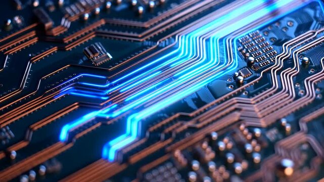 Illuminated copper traces on deep blue printed circuit board with diagonal neon highlights and glowing pathways across detailed electronic surface, with circuit, pcb, electronic, trace detail