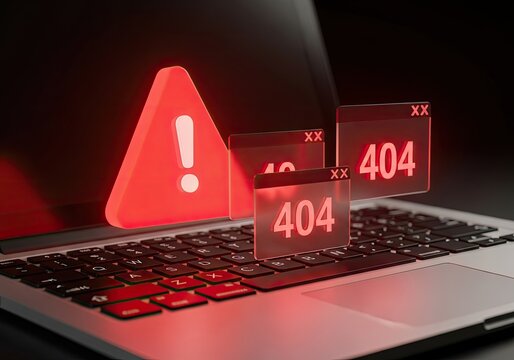 Computer Screen Displays Error 404 and Warning Symbol.