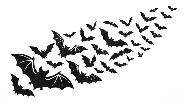 Large group of black paper bat silhouettes isolated on white background for halloween.