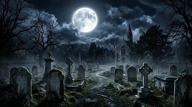 Old graveyard landscape under full moon with dark cemetery tombstones and spooky gothic church architecture at night.