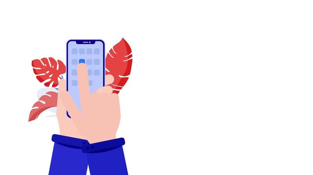 Flat vector animation of hands holding smartphone, tapping UI grid screen with decorative red monstera leaves. Mobile app, touch gesture concept on green chroma key, white, and dark background.