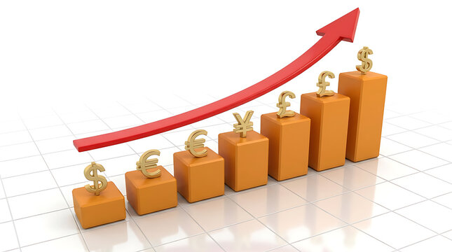 Rising financial bar chart with currency symbols. Business growth graph showing profit increase.