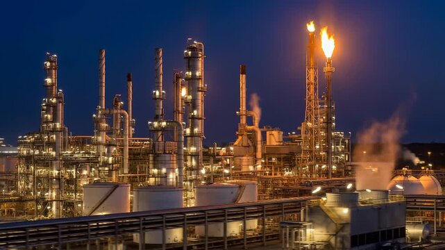 Aerial Night View of Oil and Gas Refinery Plant with Illuminated Pipelines and Storage Tanks