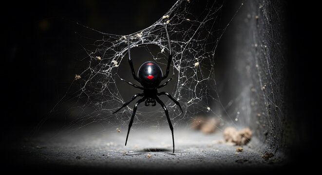 black widow spider on a web in a dark corner