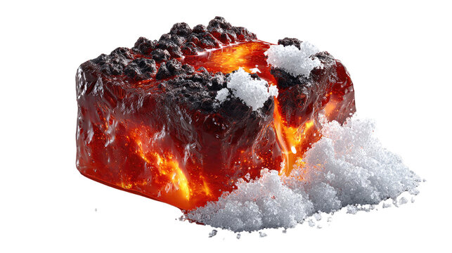 Burning Ice Cube: A conceptual representation of opposing elements, a translucent ice cube glows with internal fiery heat, while its exterior melts and gathers into a pile of snow.