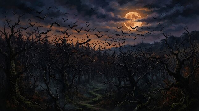 Eerie dark forest landscape under large full moon with massive flock of bats flying over ancient twisted trees during spooky night.