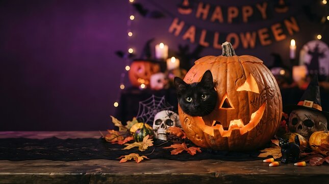 Black cat head peeking through carved pumpkin face on wooden table with halloween decorations.