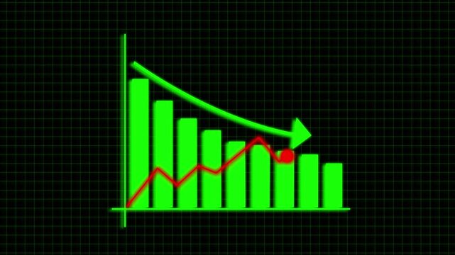 Green Bar Chart Showing Downward Trend with Red Line Graph and Arrow decline decrease. Green bar chart showing a sharp decline with a downward arrow. Green Bar Chart with Grid Background statistics.