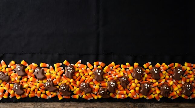 Halloween candy corn and chocolate ghosts scattered on dark fabric surface.