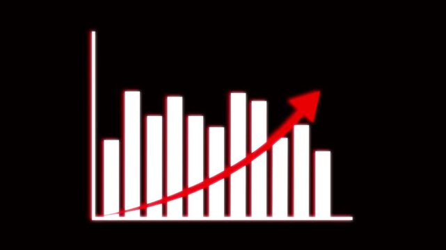 Red Arrow Ascending Through Declining White Bar Chart on Black Background decline decrease