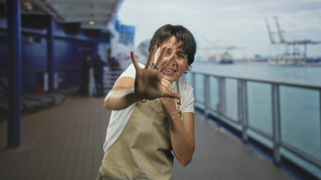 Woman in apron shields face with outstretched hand on ship deck railing, wincing and gripping apron strap, cranes visible in port; fear self protection.