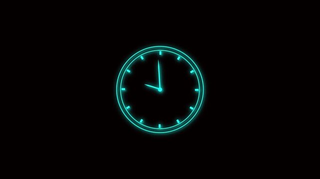 Cyan neon clock face with hands on a black background time timepiece