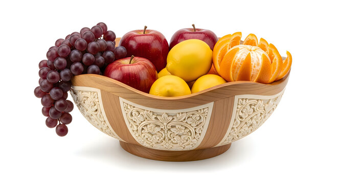 Fresh red grapes red apples and oranges in a beautiful decorative ceramic bowl on white background isolated on white background