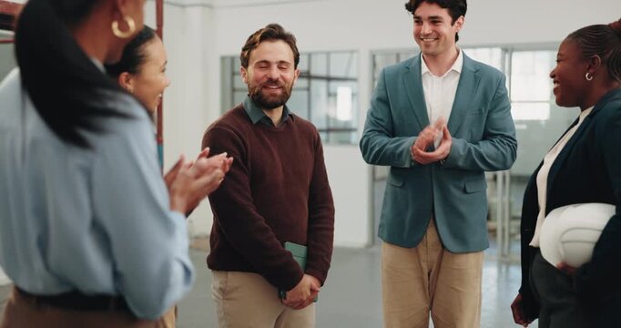 Smile, people and architect at site with handshake, welcome and client introduction for construction. Happy, team and shaking hands with applause, onboarding and partnership for building development