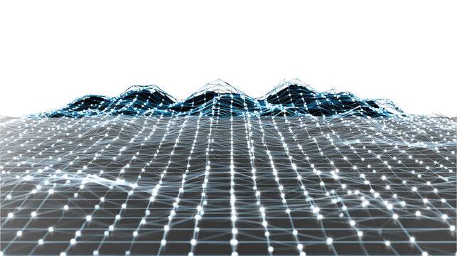 Digital Mountain Landscape: A stylized, low-polygon mountain range rendered in glowing blue and white against a white background, representing digital data and interconnectedness.