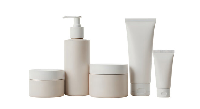 Set of blank cosmetic bottles and jars for skincare products isolated on a clean white background isolated on white background
