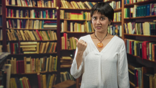 Woman points thumb at bookshelves in a library building while wearing white blouse and orange pendant; curiosity choice.