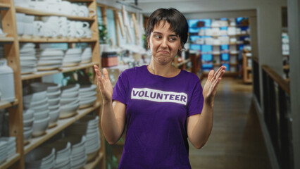 Fototapeta premium Woman with hands open gesturing in a building among ceramic shelves wearing a purple volunteer tshirt; community service uncertainty.