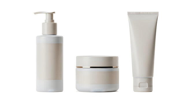Set of cosmetic skincare product containers like lotion pump bottle jar and squeeze cream tube isolated on white background