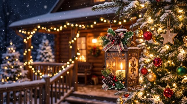 Cozy Christmas home exterior decorated with festive lights and lanterns. Warm holiday house entrance adorned with glowing ornaments and garlands fo...