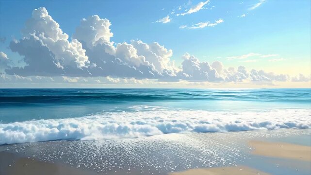 Serene beach scene depicts ocean waves crashing onto sandy shore with puffy clouds