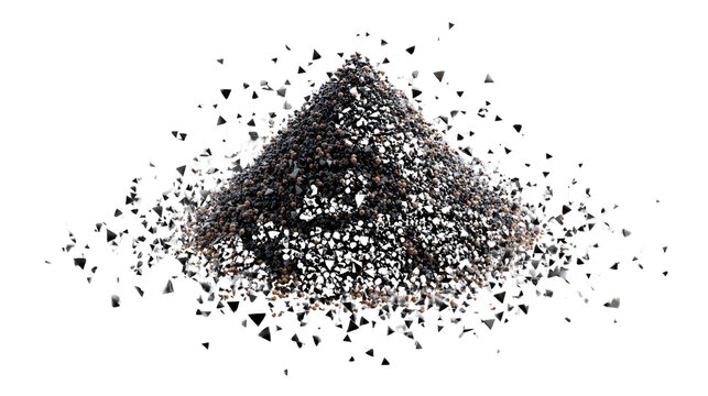 Pile of Black Sand: A small, conical pile of glistening black sand, possibly volcanic, sits against a stark white background, with individual grains scattered around its base, suggesting a natural.