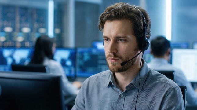 Medium shot of a technical support operator managing urgent IT incident calls, diagnosing issues and routing requests to specialized teams.