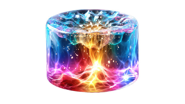 Abstract Energy Vortex: A vibrant, multidimensional vortex of light and color swirls in a cylindrical form, suggesting powerful cosmic forces and unknown energy.