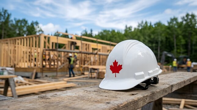 A white hard hat with a canadian maple leaf logo sits on a concrete ledge at a construction site