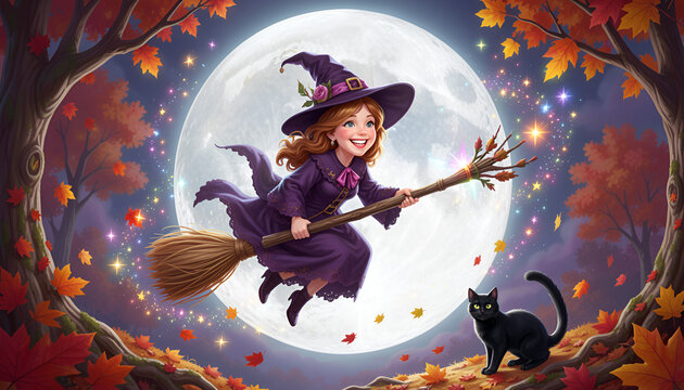 Cute Halloween Witch Flying with Black Cat