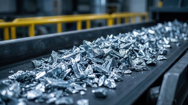 Closeup medium shot of zinc scrap being carefully processed on a conveyor belt highlighting the initial stages of nonferrous metal recycling.