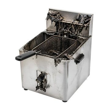 Severely burnt and damaged commercial deep fryer, an unhygienic and neglected piece of kitchen equipment indicating a potential fire hazard or disuse
