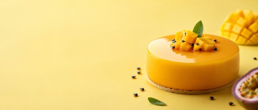 Vibrant mango mousse cake with passion fruit and fresh mango cubes on a bright yellow background. banner format