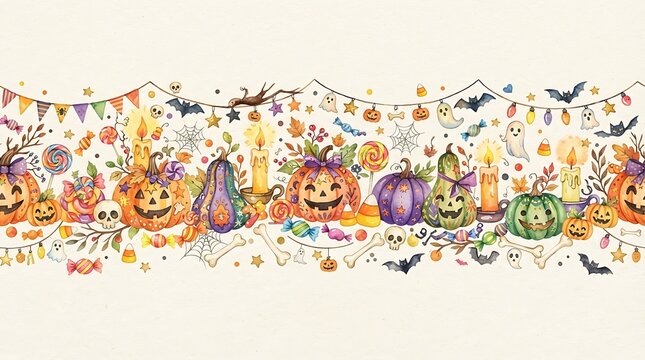 Seamless halloween decorative border with cute ghosts pumpkins candles bats and autumn candies.