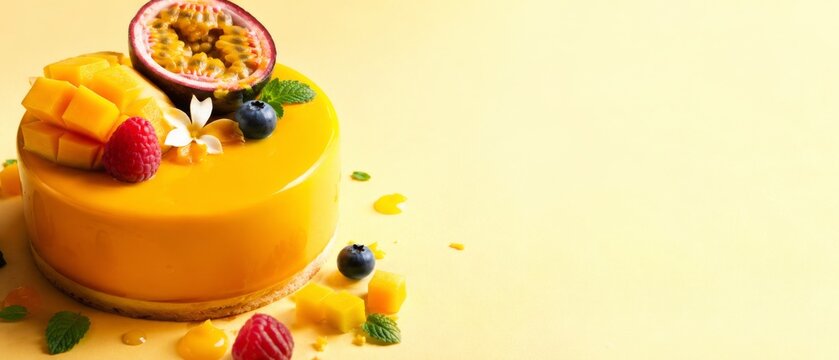 Vibrant mango mousse cake with passion fruit and fresh mango cubes on a bright yellow background. banner format