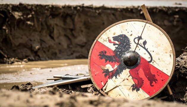Viking Shield with Lion Emblem Resting in Muddy Battlefield Debris, Historical Warfare Concept