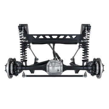 Heavy duty off road vehicle suspension system with rear axle assembly coilover springs and differential on white background