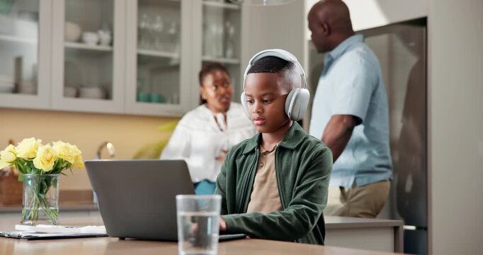 Laptop, elearning and kid with headphones and arguing parents with distraction, learning and home. Child, black family and technology for development, education or adult disagreement in house