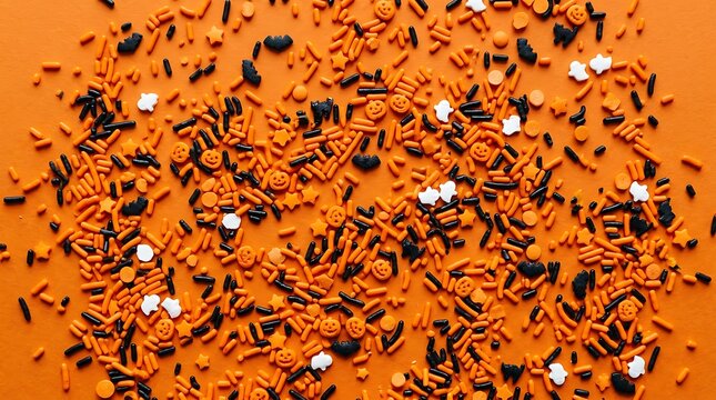 Messy pile of Halloween sprinkles on an orange background, including pumpkins and bats.