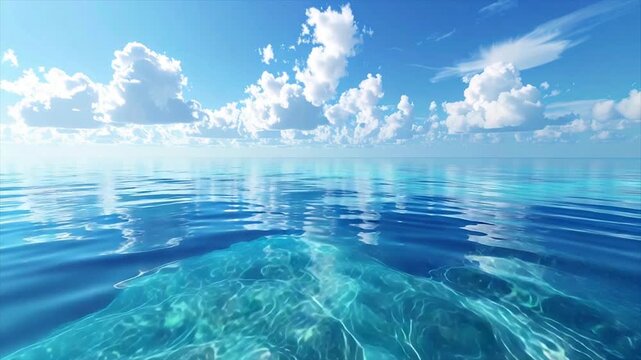Panoramic view of a pristine ocean under a bright blue sky with puffy white clouds reflecting