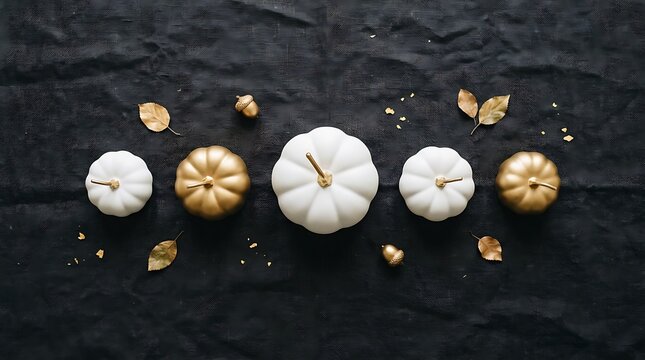 Minimalist fall layout with white and gold decorative pumpkins on black textured fabric background top view.