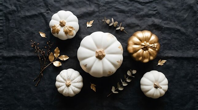 Top view of elegant white and gold painted pumpkins with dried floral elements on black wrinkled cloth.
