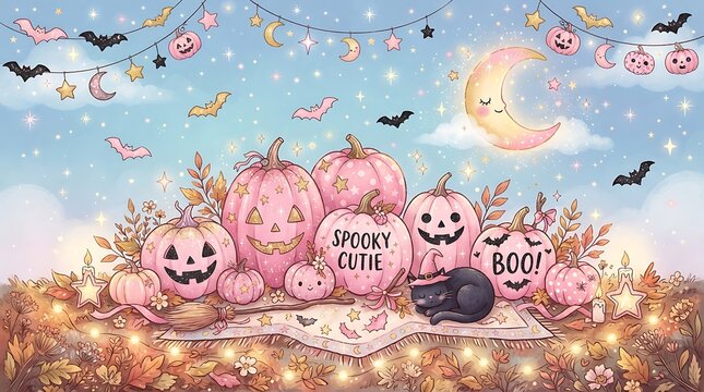 Cozy halloween scene with smiling pumpkins and black cat on blanket.