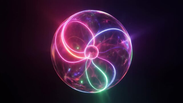 Cinematic 3D scene of a glowing plasma orb on a dark backdrop. Vibrant energy filaments twis