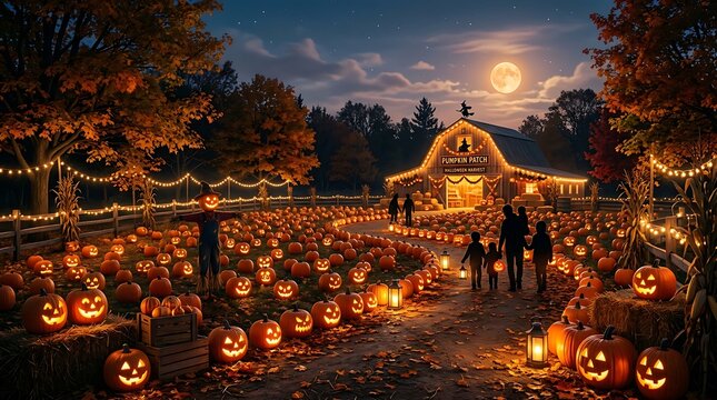 Family walking through pumpkin patch at night with illuminated jackolanterns and full moon scenery.
