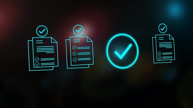 Digital 3d checklist and approval workflow showing business document validation and task tracking system for decision making, process optimization. 