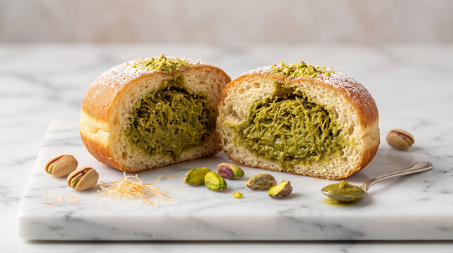 Bombolone doughnut with kanafeh and pistachio sauce